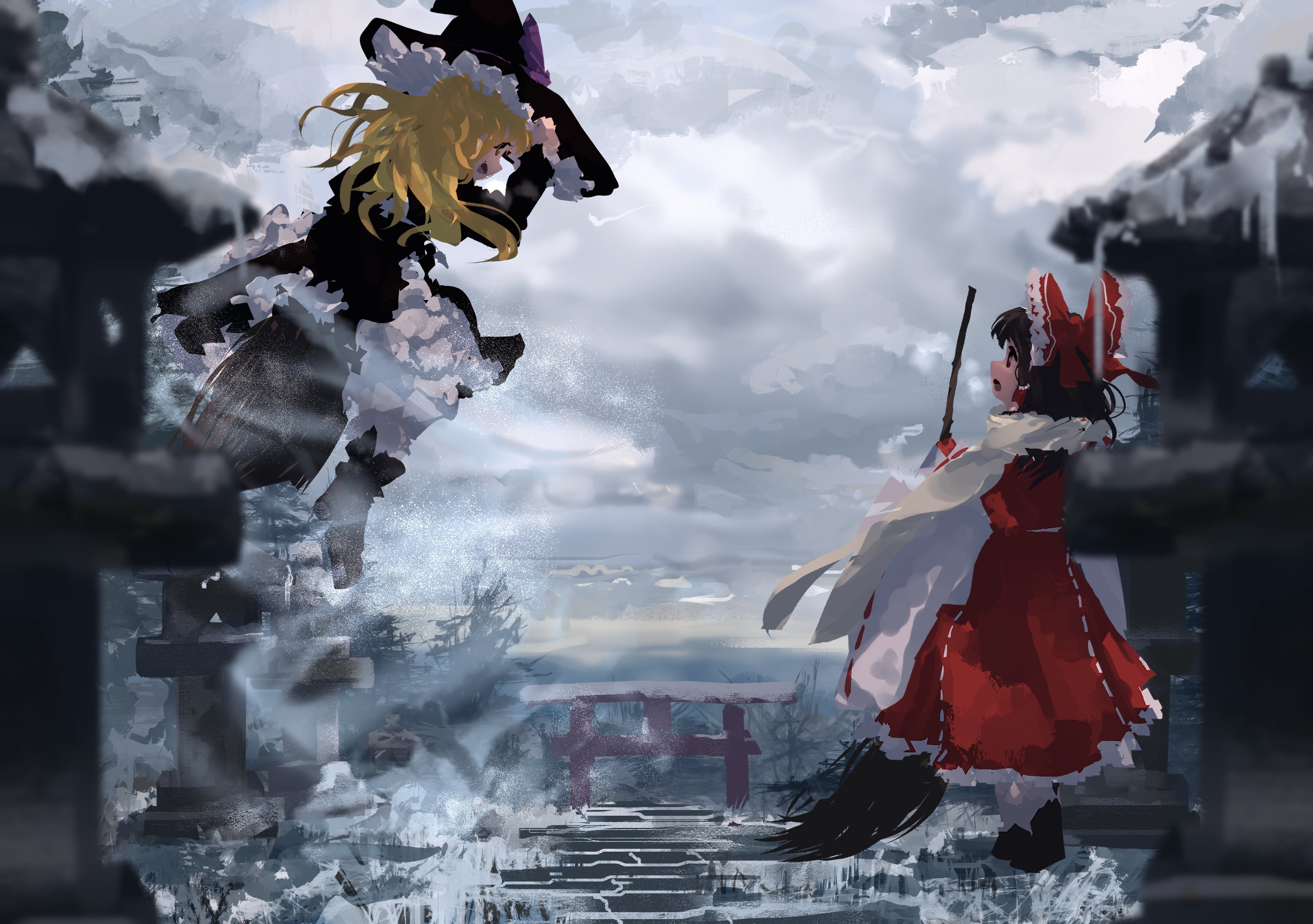 the digital painting showcases a dramatic confrontation between two animestyle magical girls in a wintry, japaneseinspired setting.  one, in a dark, flowing dress and witch's hat, appears to be generating a blizzard around her.  the other, clad in a bright red kimonolike dress, holds a magic wand or broom.  they are positioned on either side of a snowcovered pathway leading to a torii gate, suggesting a sacred or significant location. the art style is loose and painterly, emphasizing atmosphere and movement. the overall feeling is one of magical conflict within a cold, beautiful environment.
