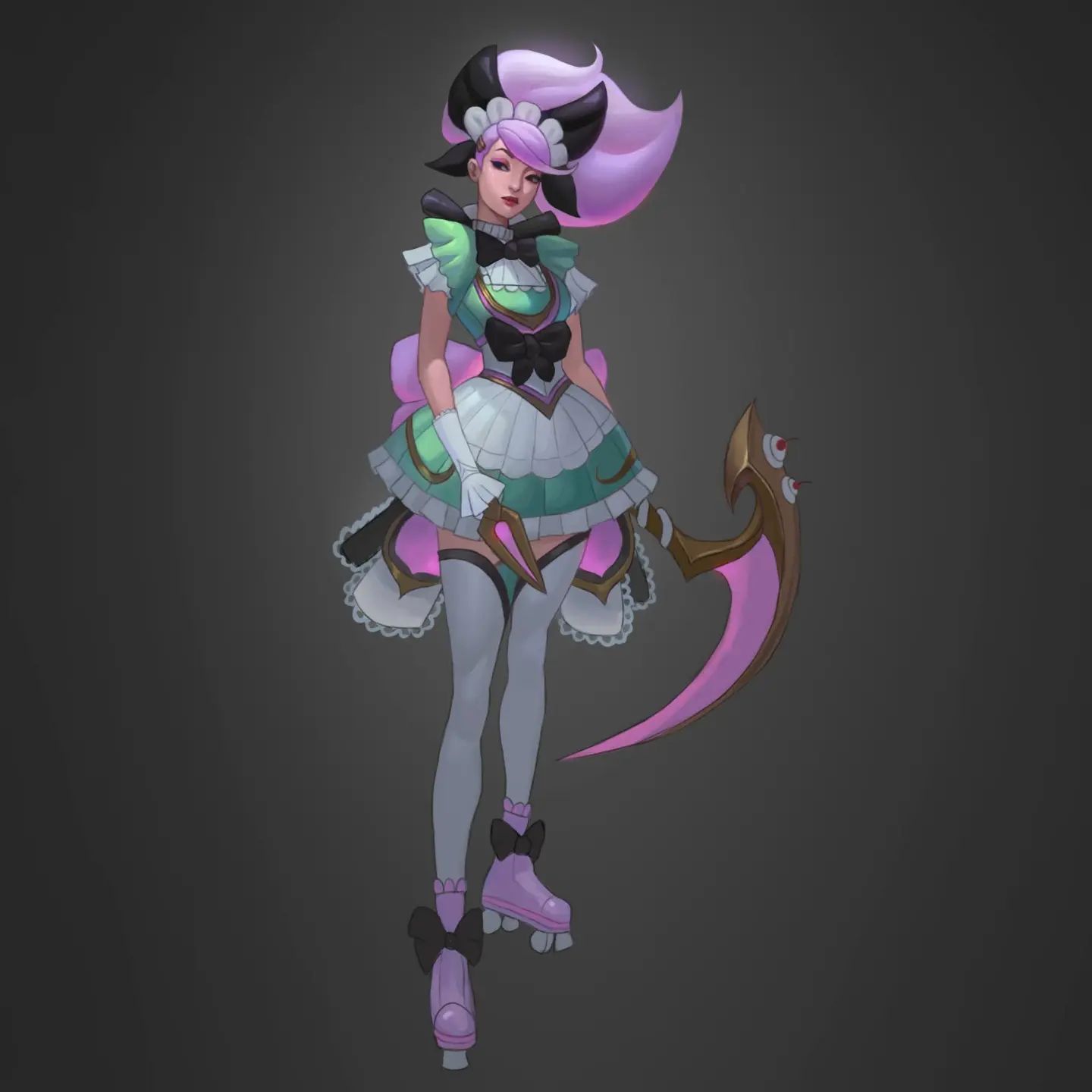 the image is a digital painting or illustration of a young animestyle female character. she's dressed in a pastelcolored maid outfit – predominantly pink, green, and white – which has a distinctly sweet and somewhat gothic lolita aesthetic.  the dress is adorned with bows and lace. she's armed with a large, curved scythe with eyes on the blade's handle.  the character is wearing roller skates with bows. her hair is styled in a voluminous, pink updo with black accents. the overall style is a blend of cute and slightly sinister elements, possibly suggesting a magical girl or a character from a fantasy video game. the background is a simple, dark gray, keeping the focus firmly on the character.