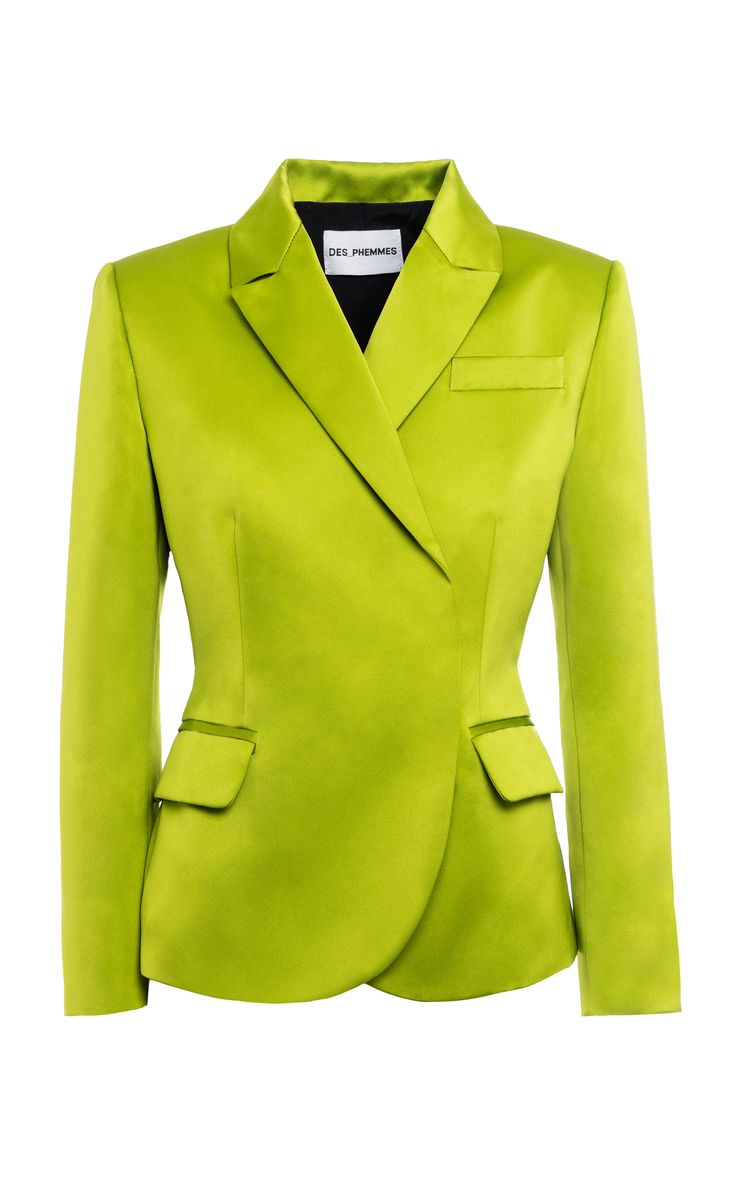 a bright green blazer with a single button closure, a notched lapel, and two flap pockets. the blazer is made of a smooth, satinlike fabric.