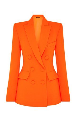 a vibrant orange doublebreasted blazer is displayed on a white background. the jacket features a structured design with a notched lapel and button closures.
