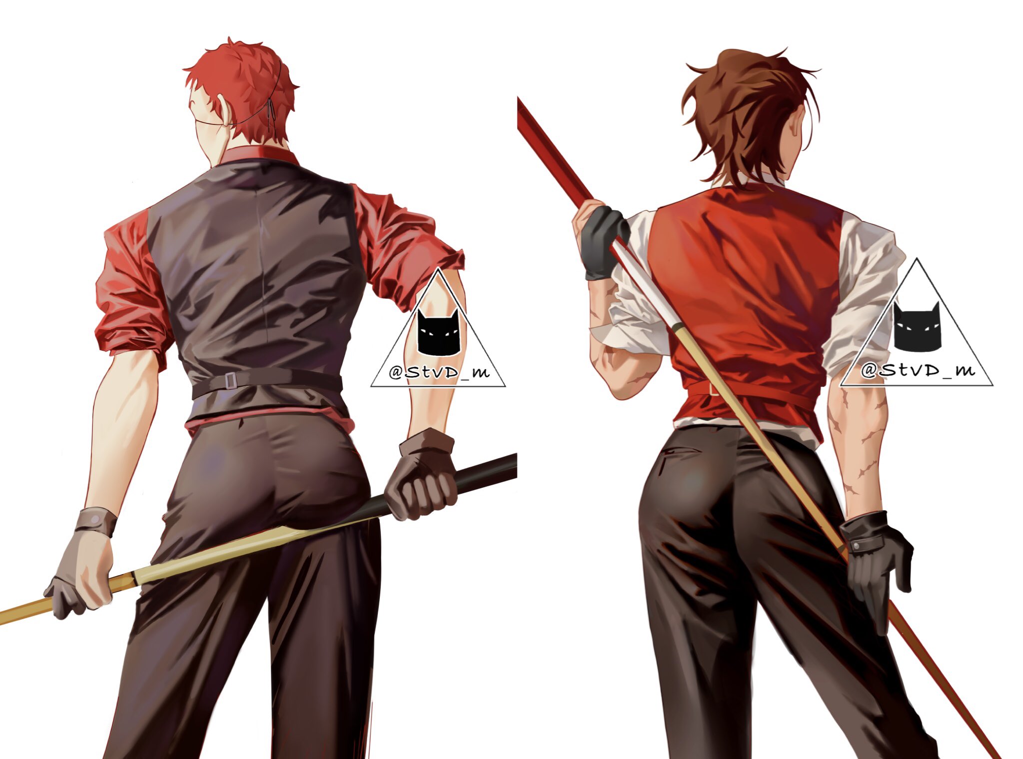 two men, with red hair and brown hair, are standing back to back wearing red vests, black pants, and black gloves. they are each holding a cue stick, one in each hand. the men are drawn in an anime style and are depicted with exaggerated features. the artwork is digital and has a stylized feel.