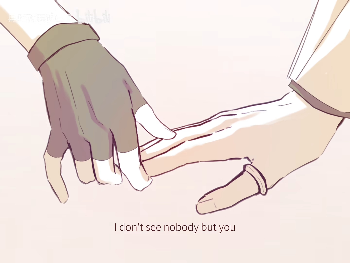 an illustration of two hands holding each other's fingers. one hand is wearing a dark glove and the other is bare. the text "i don't see nobody but you" is written below the hands.