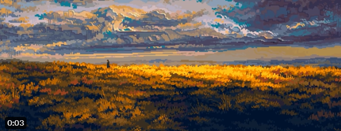 he image is a digital painting in a pixel art style, depicting a vast, golden field stretching to the horizon under a dramatic sky.  the field is bathed in the warm light of either sunrise or sunset, with the grass showing varying shades of yellow, orange, and brown.  a small, solitary figure stands in the field, adding a sense of scale and loneliness to the scene.  in the background, dark and brooding clouds contrast with the lighter colors of the sky and field, creating a sense of depth and atmosphere.  distant mountains are barely visible beneath the clouds.  the overall mood is serene and peaceful, with a touch of melancholy. the pixelated style gives the artwork a unique, almost nostalgic feel.