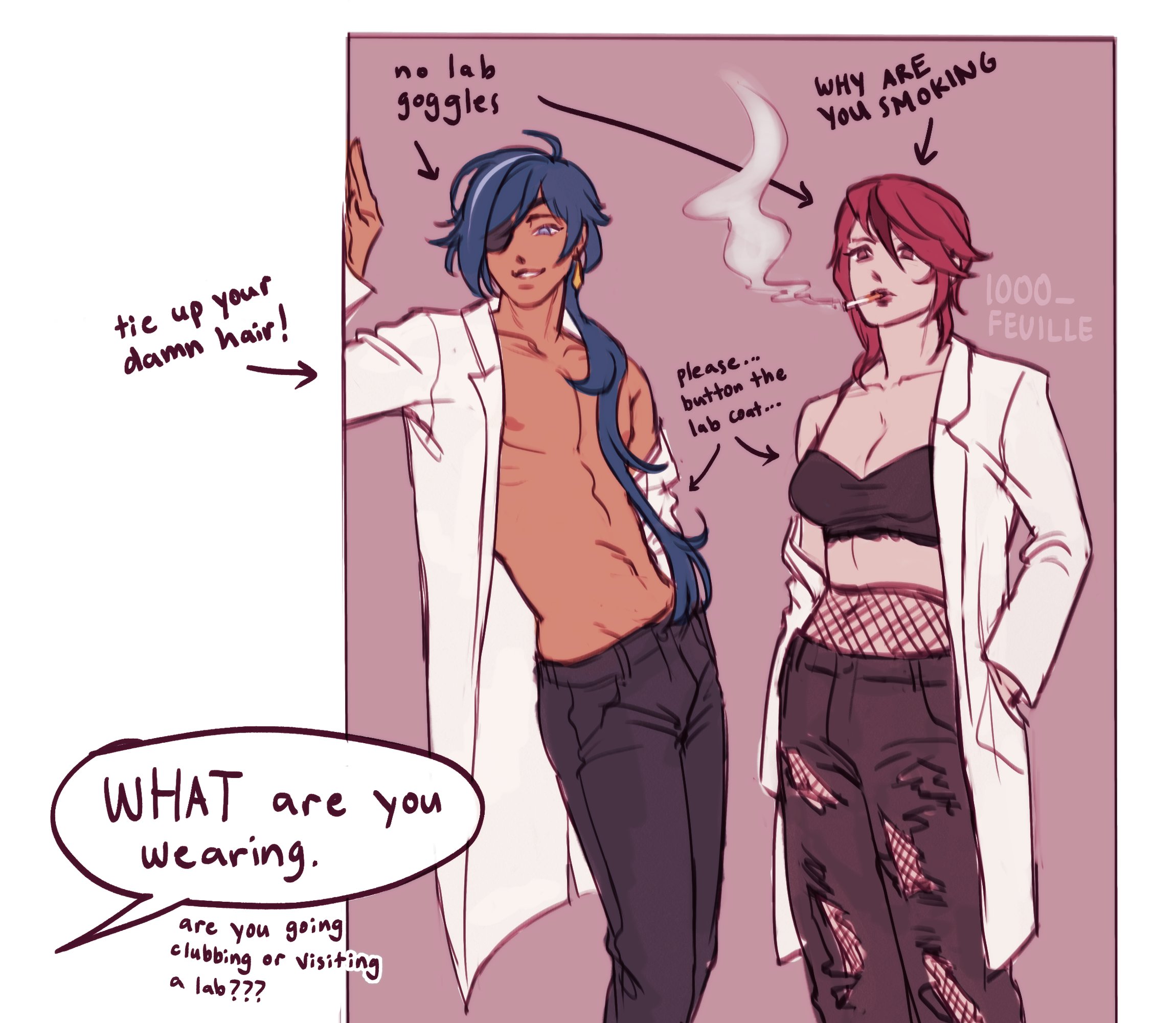 this image is a cartoon style digital illustration of two anime characters dressed up in clothes that are both stylish and casual, they are dressed in lab coats over casual clothing. the female character has her lab coat open and has ripped black jeans underneath and is smoking a cigarette. the male character has his lab coat on, but his is buttoned, he is wearing a black shirt and black pants. the background is a light pink.  the image suggests a relationship of some sort.