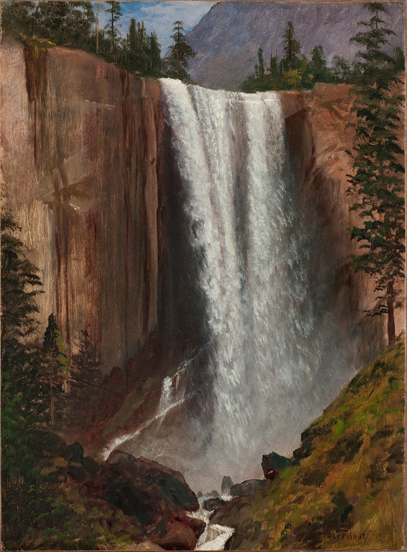 painting of yosemite valley with bridal veil falls cascading down the mountainside, by albert bierstadt. tall cliffs of brown and red rock frame the falls, with trees dotting the top and base. white water plunges down the cliff face into a misty pool below, surrounded by dark rocks and lush green vegetation. in the background, mountains rise into a light blue sky.