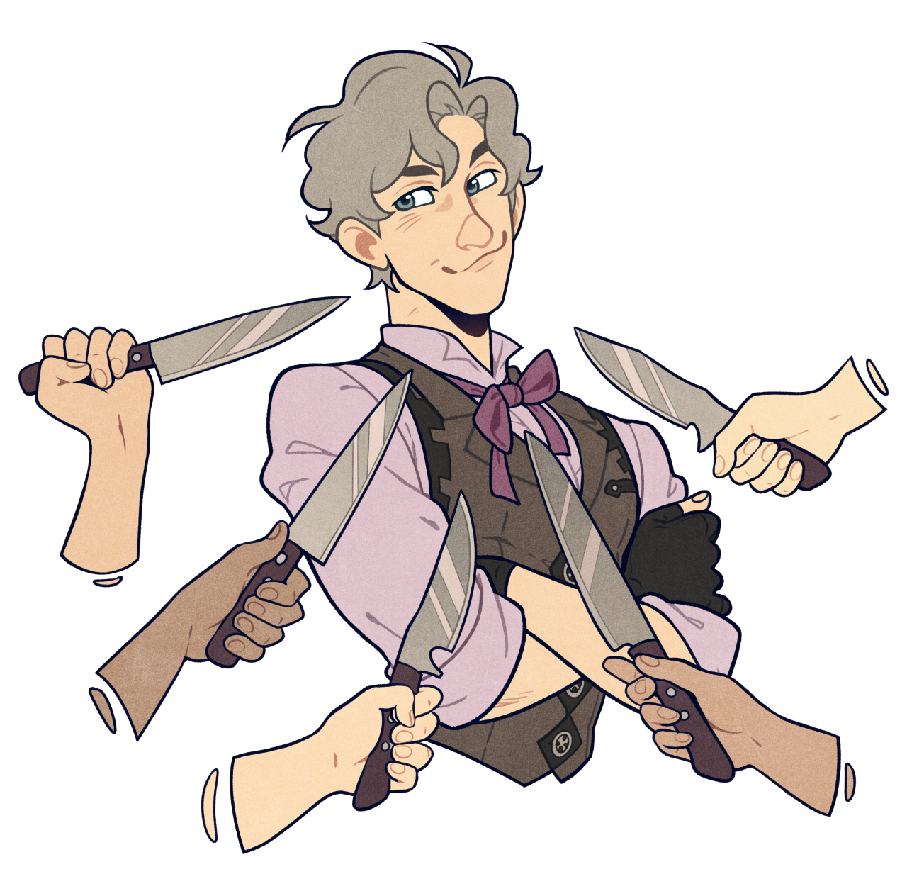 a stylized drawing of a young man with grey hair and blue eyes. he is leaning forward confidently with a smug expression. he is surrounded by floating hands holding knives, with one of the hands being his own.  his outfit consists of a light pink dress shirt, brown vest, and dark brown fingerless gloves.  he is wearing a pink cravat with a brown design.  the background is plain white.