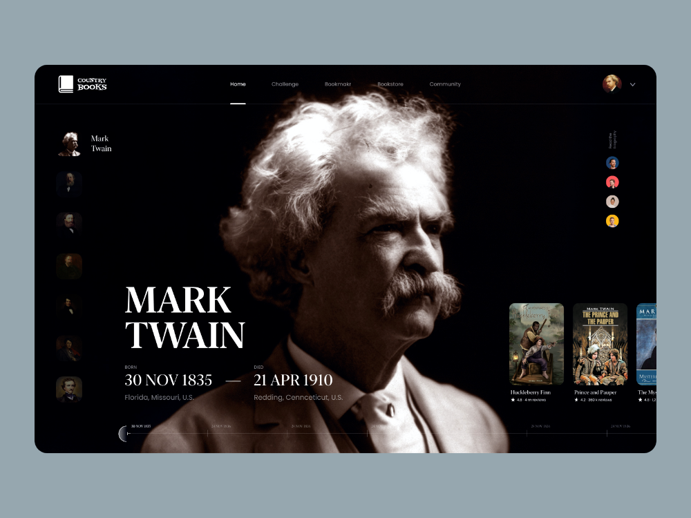 the image is a website page dedicated to mark twain. it features a portrait of mark twain, his birth and death dates, and a list of his famous books.  the website appears to be a platform for readers to connect and discuss their favorite books and authors.