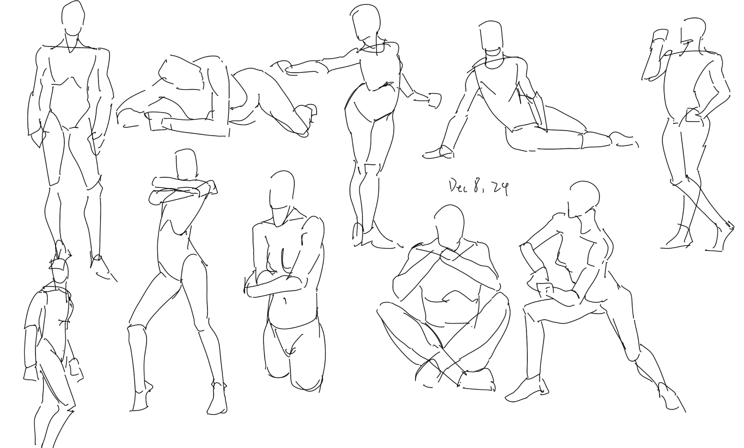 he image contains multiple quick sketches of human figures in various poses. the sketches are simple line drawings, lacking detail but capturing the essence of the poses.  they appear to be gesture drawings, focusing on movement and form rather than precise anatomical accuracy. the style is loose and expressive.  there is a date written on the page, indicating a date of creation.