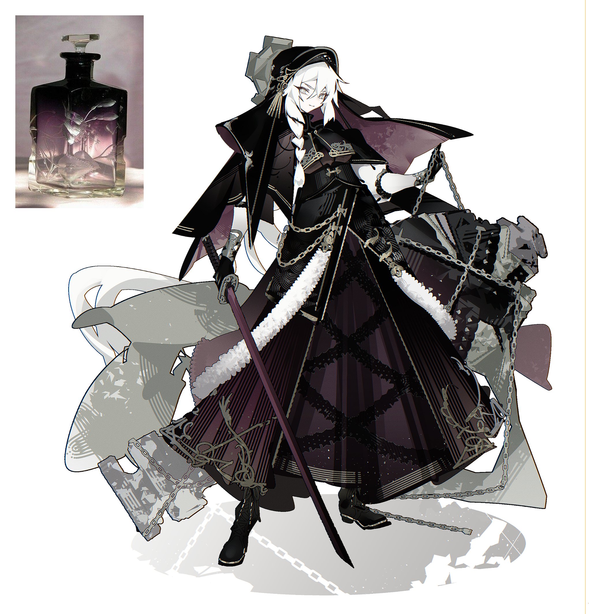a digital illustration showcasing a male character design with a dark, gothic fantasy aesthetic. he stands in a confident pose, armed with a sword and adorned with intricate chains, hinting at a warrior or alchemist role. a large, stylized bottle containing a glowing potion is displayed beside him, further emphasizing a connection to alchemy or magic. the background is abstract and painterly, contributing to the dramatic atmosphere. his clothing is highly detailed, featuring layers of fabric, metallic accents, and a long, flowing coat.  the overall palette is dark and muted, with pops of silver and white adding visual interest.