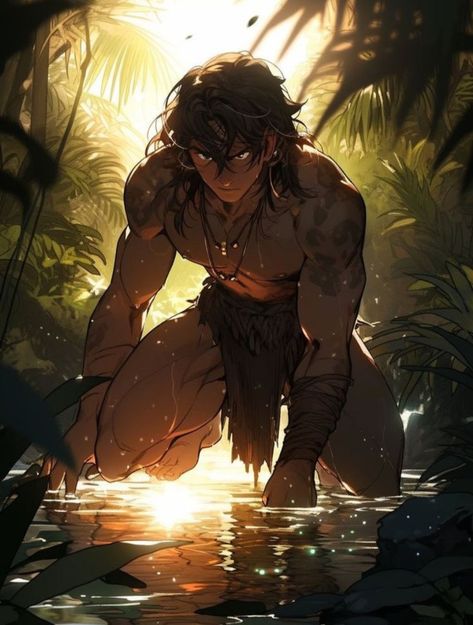 a muscular man with long dark hair kneels at the edge of a jungle pool.  he is barechested, wearing only a loincloth and some simple jewelry.  the sun is setting behind him, creating a dramatic backlight that highlights his physique and casts long shadows.  his reflection is visible in the still water of the pool. the scene evokes a sense of power, mystery, and connection with nature.