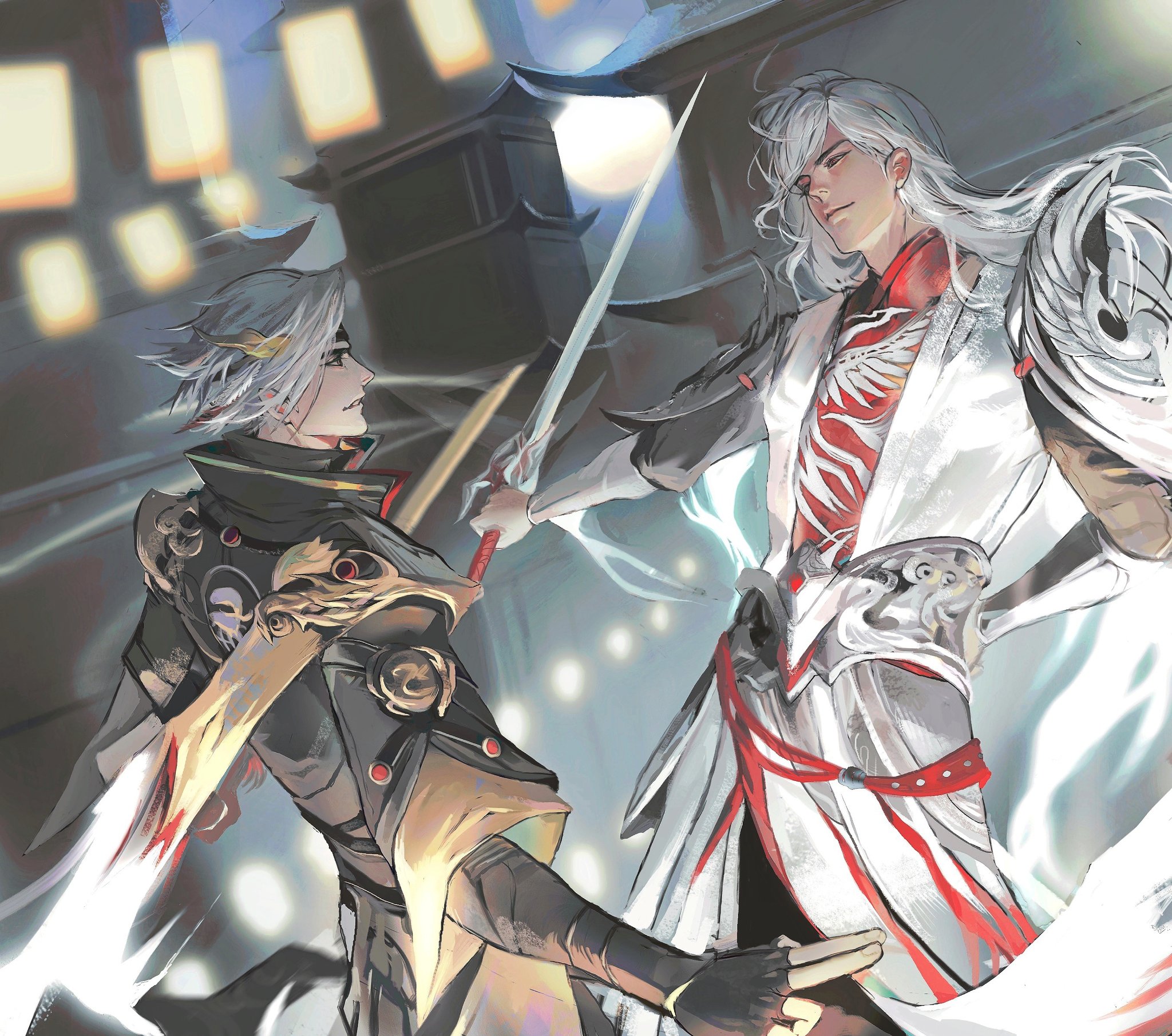 this is a digital illustration of two anime male characters about to engage in a sword fight.  one character is dressed in black and gold while the other is dressed in white and red. they are both holding swords, with the character on the left raising his sword above his head, prepared to attack the other, and the character on the right is in a defensive posture. the character on the right looks more serious and focused with an intense look in his eyes.  the character on the left seems a little surprised or wary.   they are standing in front of an elaborate building with lots of decorative lanterns.  the illustration is done in a vibrant colorful art style.