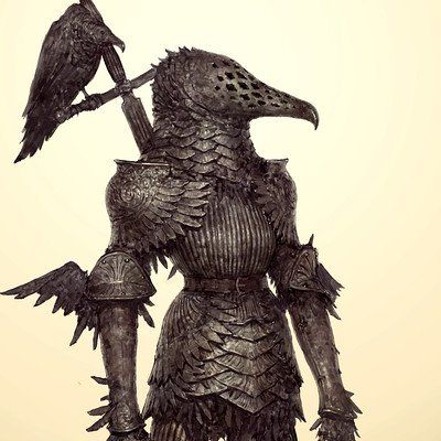 the image showcases a knight clad in intricately detailed, dark, metallic armor. the armor features avian motifs, including a helmet resembling a raven's head, winglike pauldrons, and feathershaped plating. the knight holds a sword strapped to their back and a raven perches on their left arm.