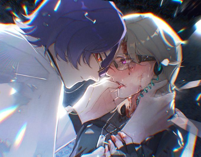 the image is a digital drawing or painting in the style of anime or manga, depicting a closeup of two young men embracing.  the style is evocative of bl (boys' love) or yaoi, portraying an intimate and emotional moment between the characters.  one man has purple hair and is wearing glasses, while the other has light blonde/grey hair. the lighterhaired man is visibly injured, with blood and cuts on his face and neck, and appears to be crying. the other man is holding him gently and protectively. the overall atmosphere is dark and dramatic, with a futuristic or cyberpunk aesthetic suggested by the style and background elements (glittering, fragmented effects). the focus is on the characters' faces and the intensity of their emotional connection despite the distressing situation.