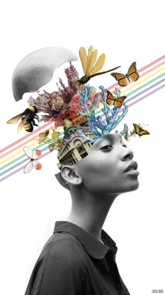a woman with an open head, revealing a rainbow and butterflies and flowers, looks upward.  it's a surreal scene that suggests creativity, imagination, and a dream state.