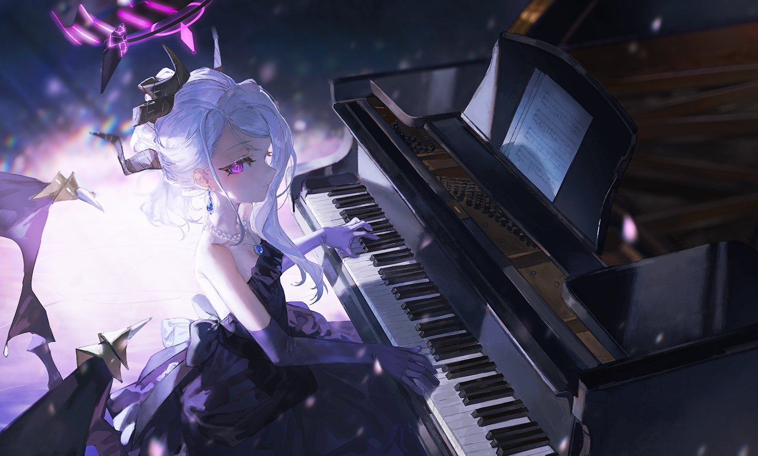 the image depicts a beautiful anime girl with long, white hair and purple eyes. she has small horns and devillike wings, yet she wears an elegant purple gown. she is seated at a grand piano, her long fingers poised over the keys as if playing. the atmosphere is dark and mysterious, with sparkles adding a touch of magic. the overall style is evocative of fantasy and digital art. the focus is primarily on the girl and her interaction with the piano, creating a scene that is both captivating and enigmatic.