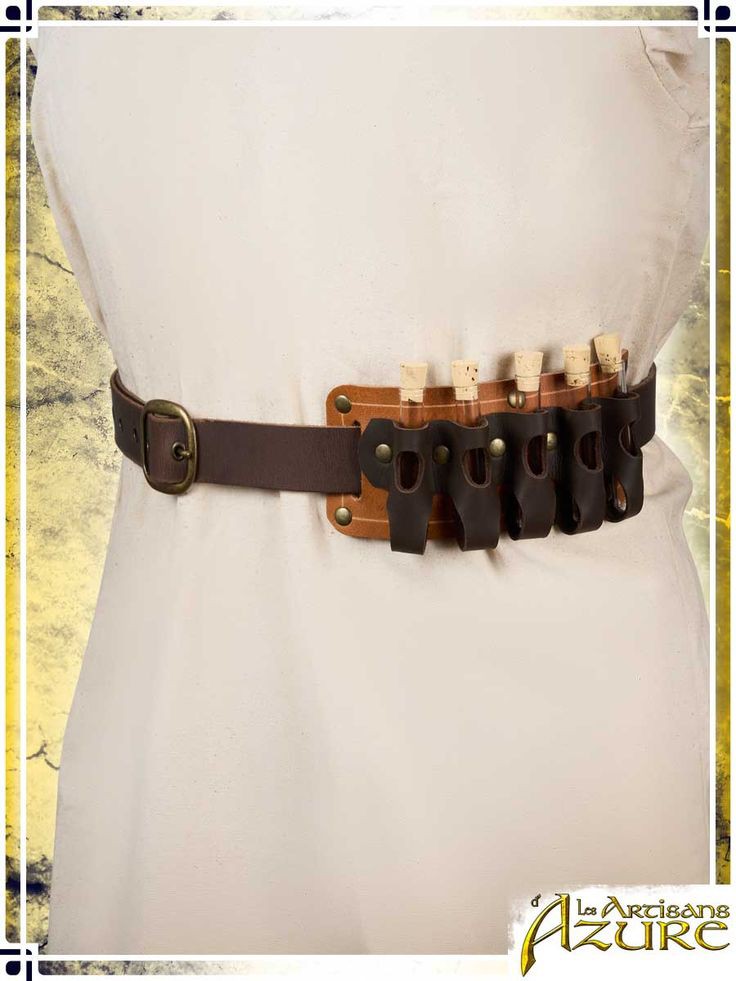 a closeup shot of a person wearing a lightcolored tunic with a brown leather potion belt. the belt features multiple pouches designed to hold small test tubes or vials, each with a cork stopper. the belt is fastened with a brass buckle and the overall aesthetic suggests a medieval or fantasy costume.