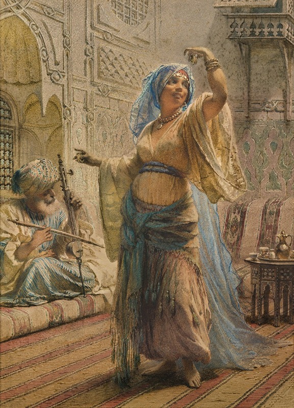 a vintage orientalist painting depicts a woman in traditional garb dancing while a man seated on a cushioned bench plays a stringed instrument. the scene is set within an elaborately decorated interior, likely in an ottoman empire context, featuring intricate architecture, a carpet, and a small table with a teapot and cups. the woman wears a veil and jewelry, while the man dons a turban. the overall atmosphere conveys a sense of eastern culture and traditional performance.