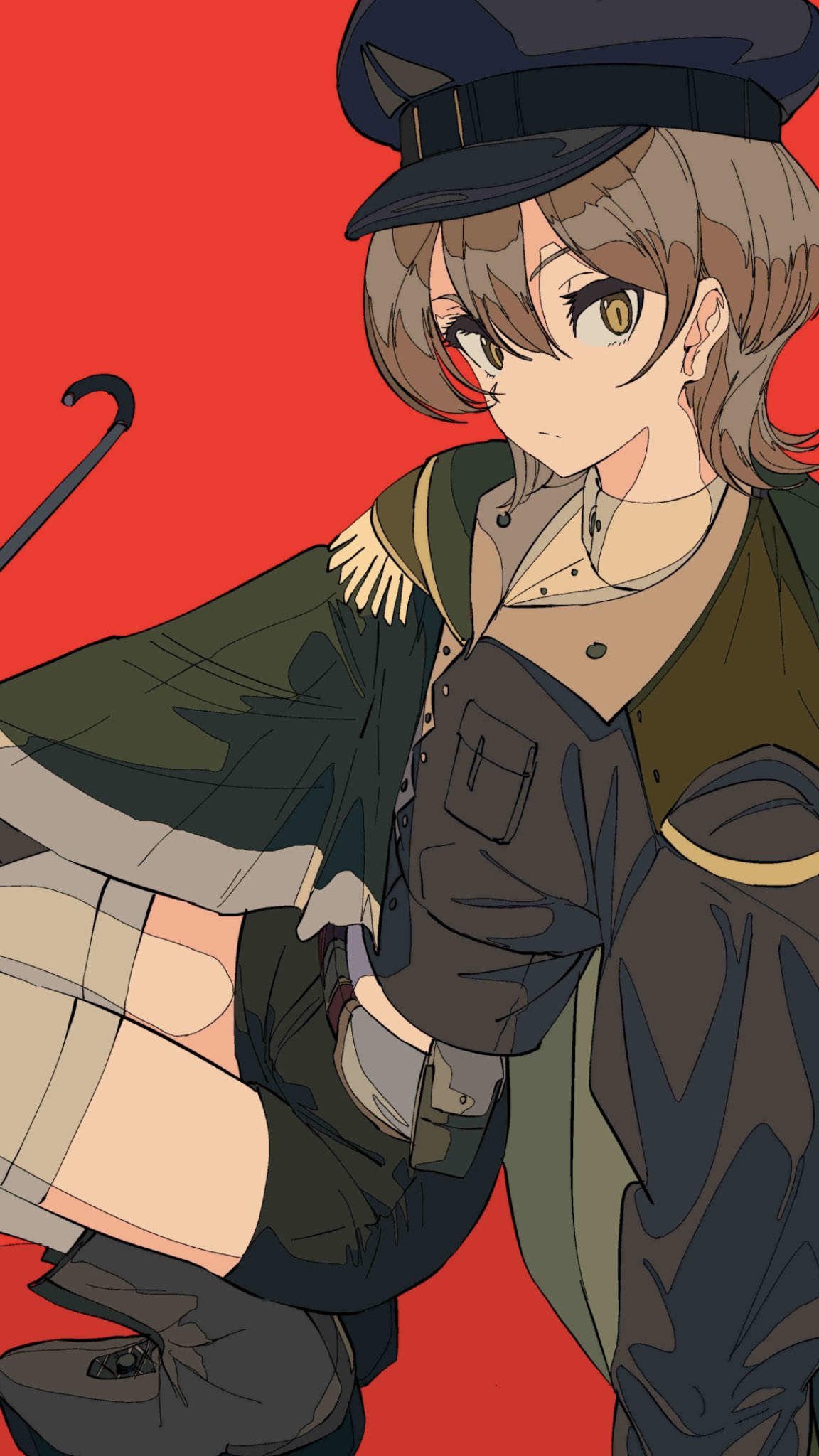 the image is a digital drawing of an animestyle female character. she is depicted in a militarystyle uniform, which includes a darkcolored jacket with epaulets, pants, boots, and a cap. she has short brown hair and golden eyes. she is holding a cane or stick and is in a somewhat crouched pose. the background is a solid red color. the style of the illustration is detailed and somewhat stylized, with a focus on sharp lines and bold colors. the overall tone is serious or perhaps mysterious.