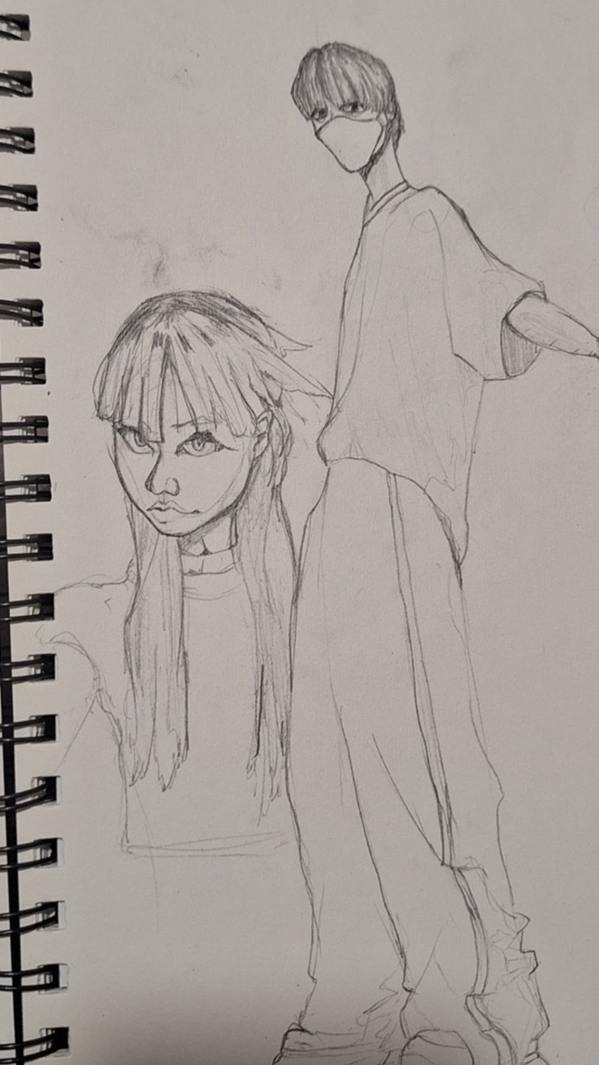 the image is a pencil sketch featuring two figures, seemingly a girl and a boy, drawn in an animeinspired style. the girl has long straight hair and is wearing a loosefitting top. the boy is wearing a shirt and pants, and a face mask obscuring most of his facial features. the sketch is done in grayscale and has a relaxed, informal style, giving the impression of a quick sketch rather than a highly detailed drawing. the figures are positioned close together, suggesting a possible relationship or interaction between them. the overall style leans towards casual streetwear fashion.