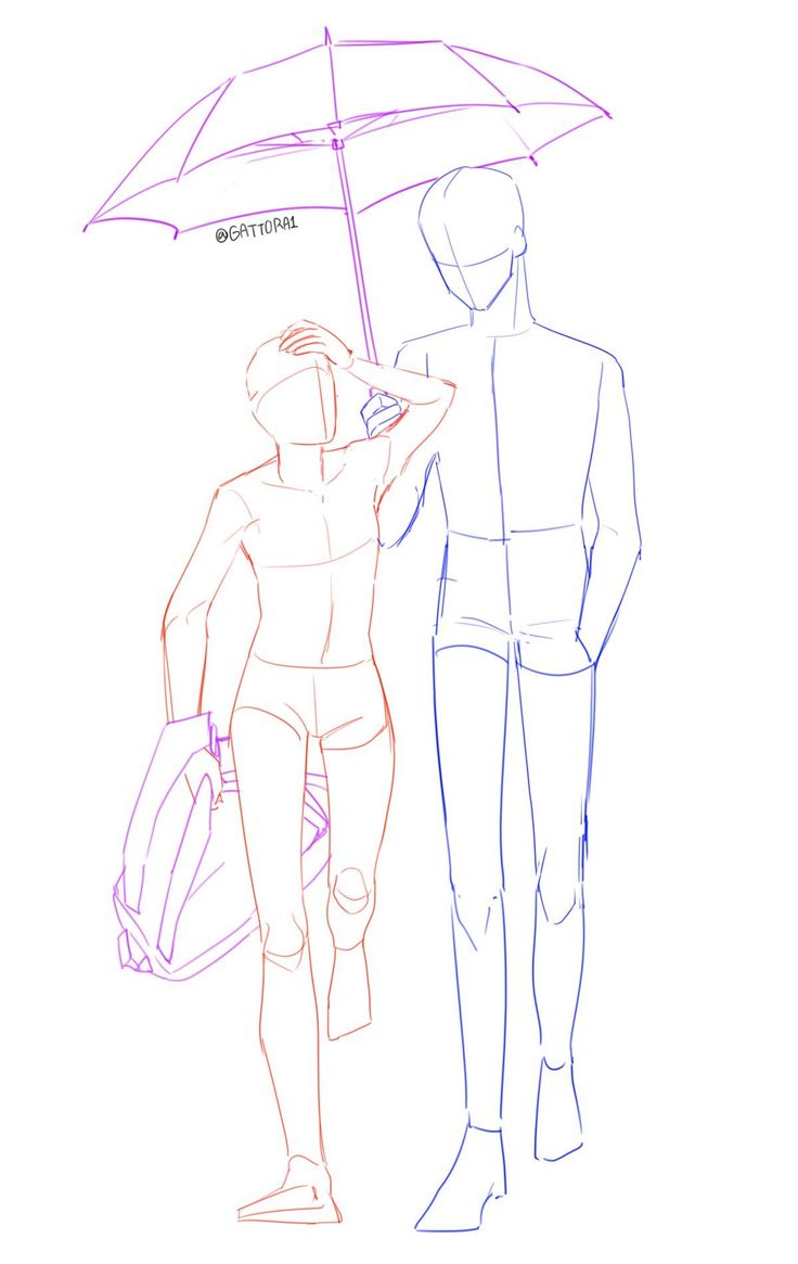 this is a simple line drawing sketch of a male and female. the male is holding an umbrella over the female, who is carrying a backpack. they are walking side by side.