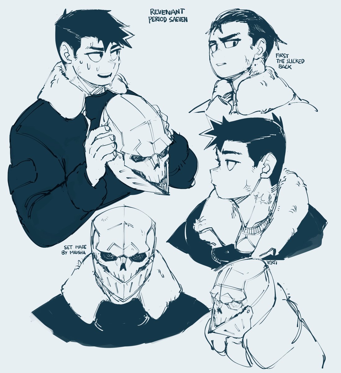 a digital drawing of 5 characters with varying expressions and details. the characters are drawn in black and white, with a variety of details and features. the characters seem to be part of a larger story. there is a distinct anime style to the drawing, with the use of large eyes and simple features.