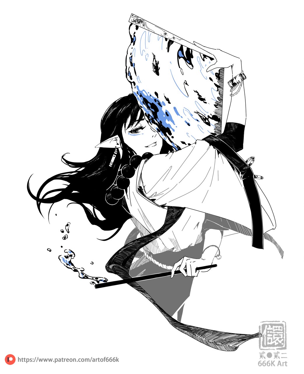 the image is a stylized black and white anime or manga drawing of a young woman, possibly an elf, with long black hair. she is elegantly dressed in a flowing white robe that resembles a kimono. she holds a large fanshaped object depicting stylized water, and it appears she is using a wand or staff to create water splashes. her expression is serene and confident. the style is detailed line art with shading to create depth.  a watermarklike artist signature is visible in the bottom right corner, along with a patreon link in the bottom left. the overall mood is mystical and elegant, with a focus on movement and fluidity.