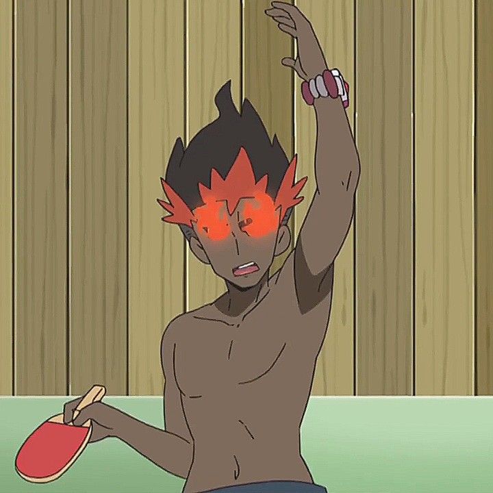 a shirtless anime male character is shown with red eyes and hair. he is holding a ping pong paddle in his left hand and his right arm is raised in the air. he is surprised, shocked, or in awe.