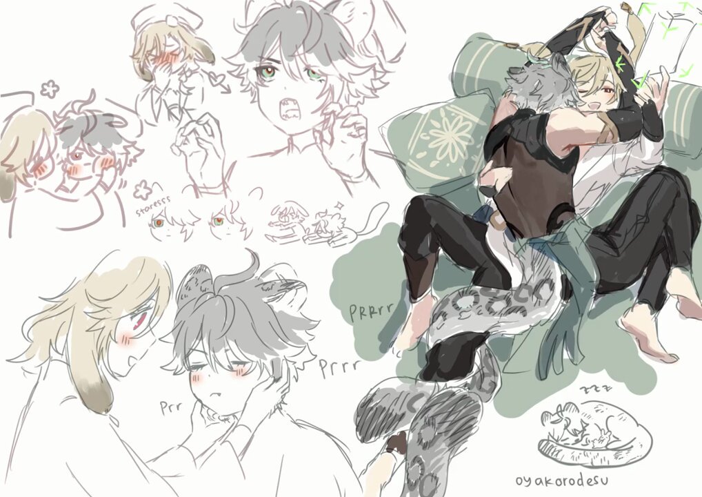 this is an illustration of two boys cuddling. one is a snow leopard and the other is a human. they are both very cute and appear to be in love. there are many small sketches of the characters and the snow leopard in the background. the illustration is done in a simple, sketchy style.