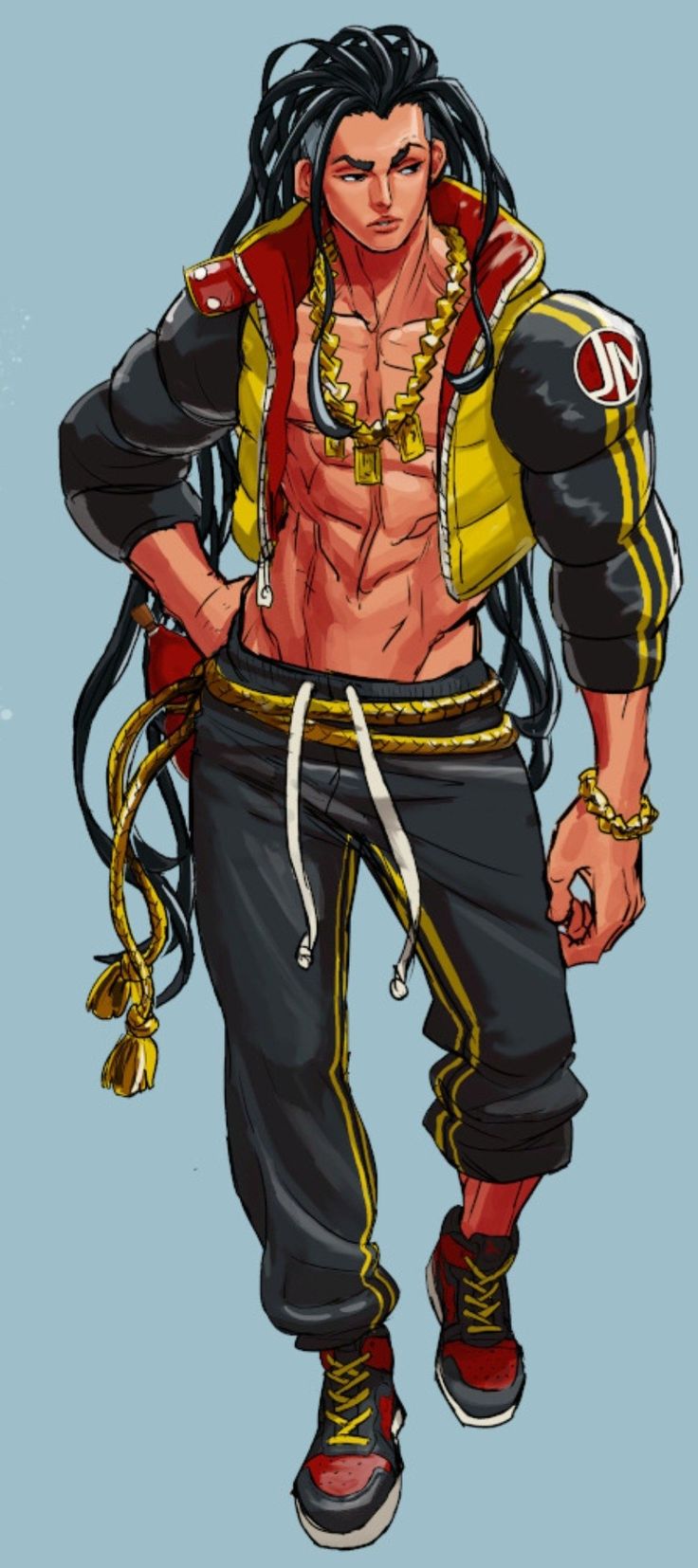 a digital illustration of a man in a casual outfit, with long dreadlocks, a red and black jacket, a gold necklace, and black pants with gold stripes. he is standing with a relaxed expression on his face. he is wearing black sneakers with red trim.