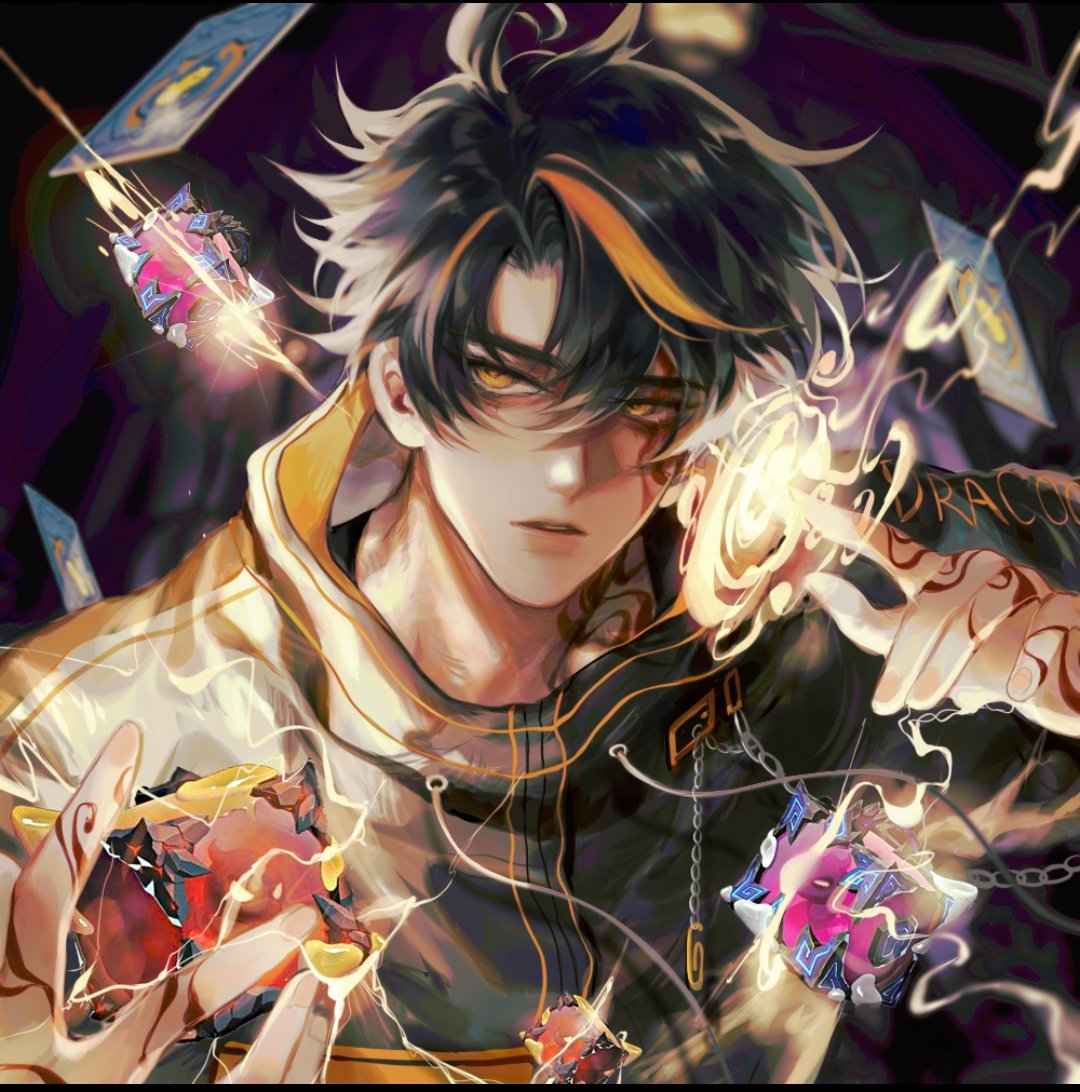 the image is a vibrant and detailed piece of digital fanart depicting a young animestyle male character. he possesses striking yellow eyes and black hair with orange highlights, giving him an intense and powerful appearance. he's dressed in a dark and stylish outfit with gold accents, which is partially obscured by glowing energy and floating cards.  his attire includes what looks like a hoodie or jacket with intricate detailing. his hands are adorned with ornate tattoos and are actively manipulating glowing, fiery energy resembling magical spells or card effects.  surrounding him are several floating, crystalline, gemlike objects that appear to be magical in nature.  the overall style is dark fantasy, with dynamic lighting and a sense of mystical power emanating from the character. the image is highly detailed, showcasing both the character’s features and the magical elements surrounding him, giving it a dramatic and visually captivating quality.