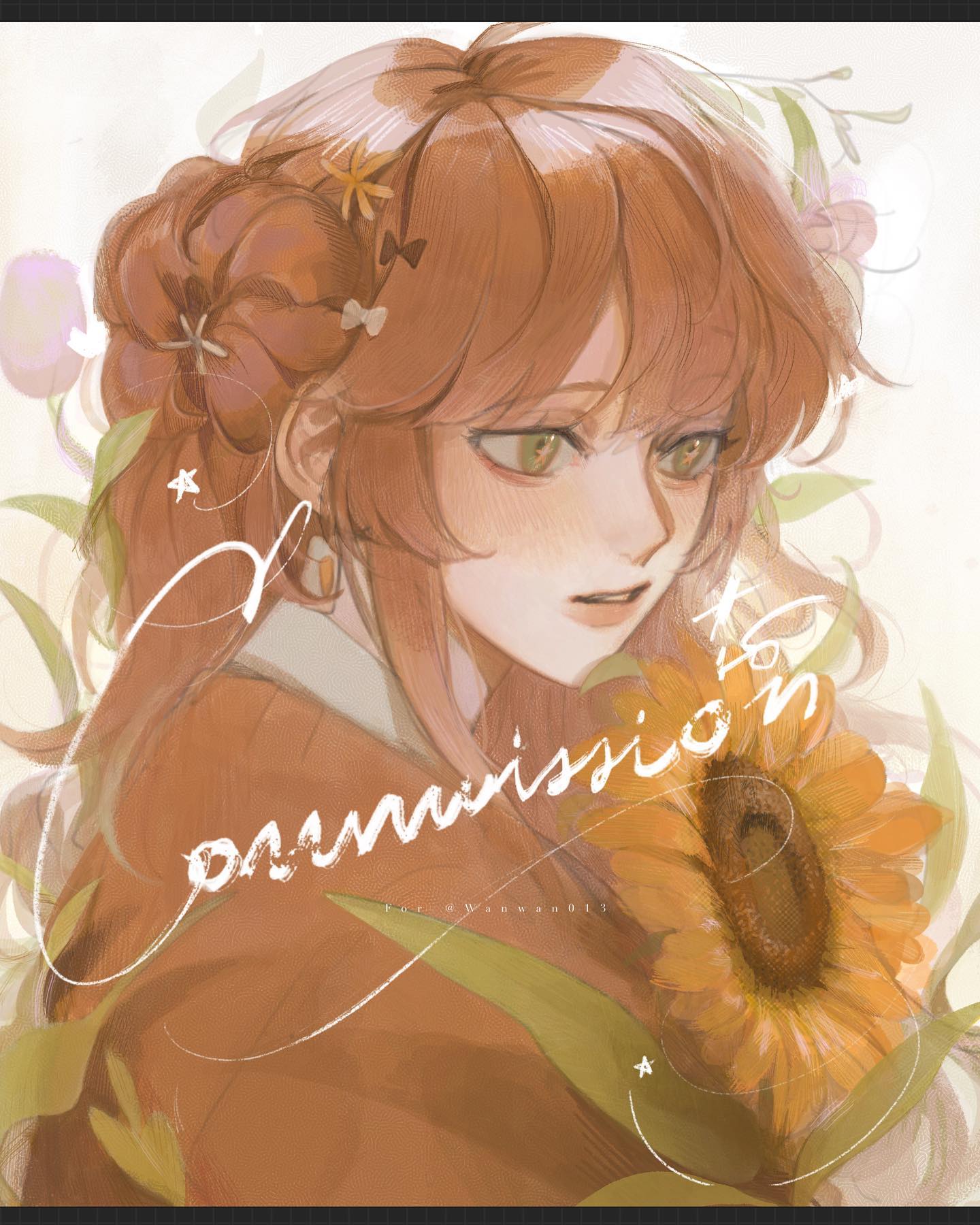 the image is a digital painting or illustration of a young woman with long brown hair styled in an updo with floral accessories. she is wearing a brown dress or jacket and holding a sunflower. the style is soft and pastel with warm colors. the artwork is labeled as a "commission". the background is slightly blurred with hints of flowers and foliage. the overall mood is gentle and dreamy.