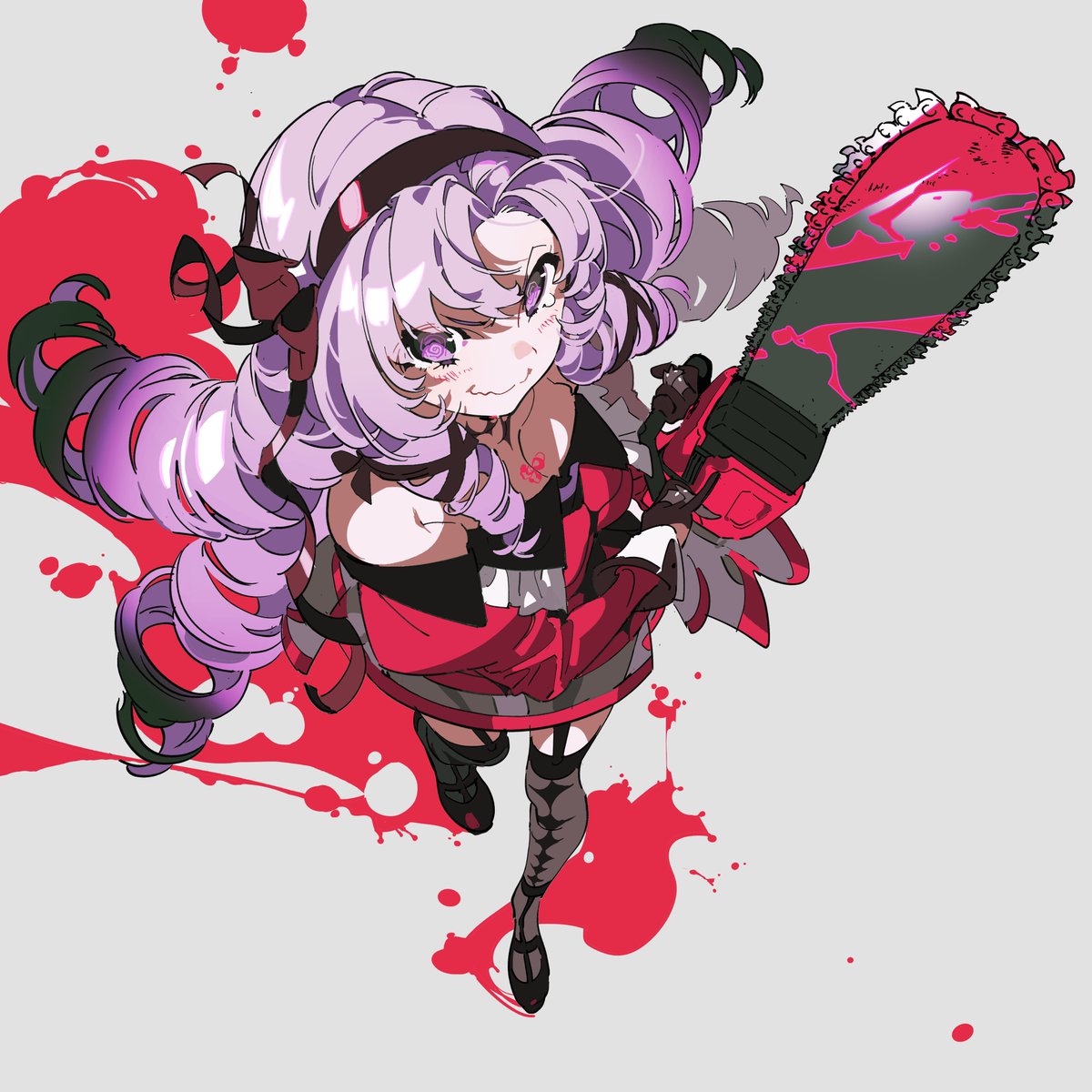 the image depicts a female anime character holding a chainsaw. the character has long purple hair, a red and black outfit, and a sinister smile. blood splatters are visible in the background, adding to the violent and dangerous theme. the artwork is digitally created and has a vibrant and stylized aesthetic.