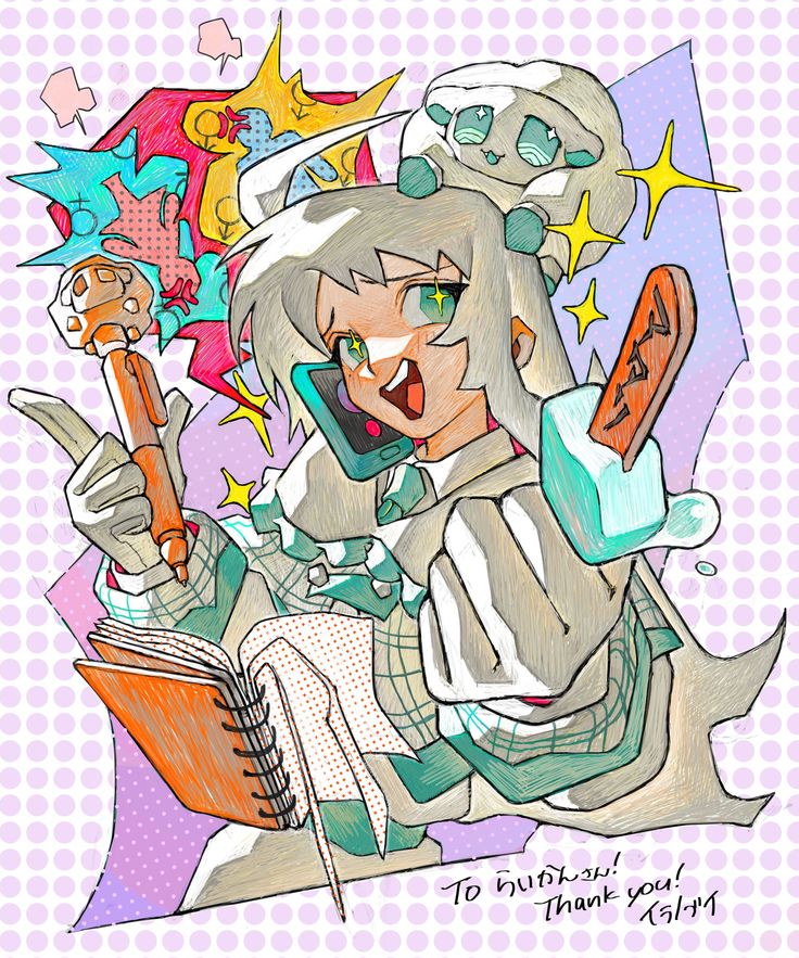 he image is a vibrant and colorful animestyle drawing of a young girl. she's depicted in a dynamic pose, holding a marker, a notebook, and what looks like an ice cream.  she's surrounded by colorful speech bubbles and cartoonish explosions, creating a sense of energy and excitement.  a small, sheeplike creature sits on her shoulder.  the overall style is playful and expressive, with a mix of cartoon and manga elements. the style is very expressive and uses a variety of line weights and shading to create depth and movement. the background is a dotted pattern, typical of comic book backgrounds. there's a handwritten "thank you" message in both japanese and english at the bottom.