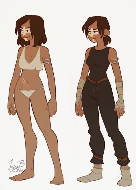 the image presents a digital illustration showcasing two variations of the same female character.  the left figure is depicted in a minimal outfit consisting of a simple beige bikini top and bottom, revealing scars on her body. she's barefoot and has triballike markings on her arms. the right figure shows the same character but wearing darker, more practical attire appropriate for a warrior,  including dark pants, a tank top, bandages on her wrists, and lightcolored ankle boots.  both versions share similar facial features and markings. the style is cartoonish, with soft lines and muted color palettes.  the artwork appears to be a concept design for a character, potentially for a game or animation.  a signature and year ("isb 2016") are present in the lower left corner.