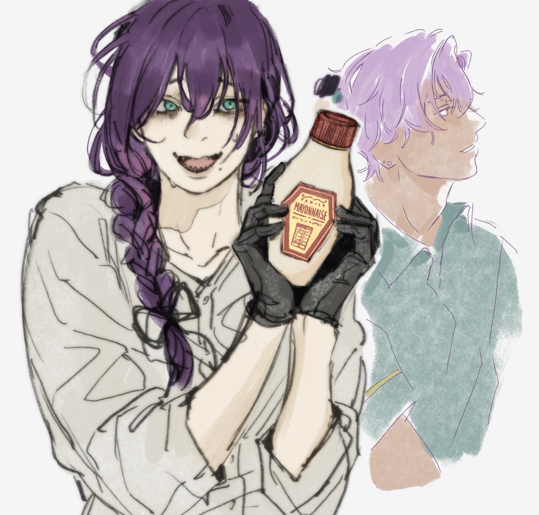 the image is an animestyle sketch of two people. the person in the front has purple hair styled in a braid and is wearing gloves and holding a bottle of mayonnaise. the second person has light purple hair and is only partially drawn.