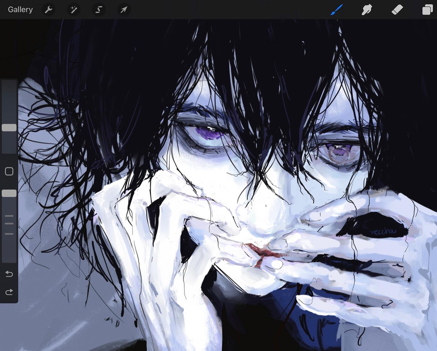 the image is a digital painting, likely created using software like procreate, depicting a stylized anime or mangastyle male character.  he has dark, messy hair and purple eyes. his face is partially obscured by his hands, which are raised to cover his mouth and appear to be stained with blood suggesting an injury. the overall mood is dark, melancholic, and emotionally intense. the style is expressive and painterly, using a mixture of line art and painterly brushstrokes with a primarily cool color palette of blues, purples, and grays. the background is muted and nondescript, drawing focus to the character’s face and emotional state.  the artwork is highly detailed, particularly in the rendering of the hair and the character's emotional expression.  a small artist's signature or watermark is visible near the mouth area.
