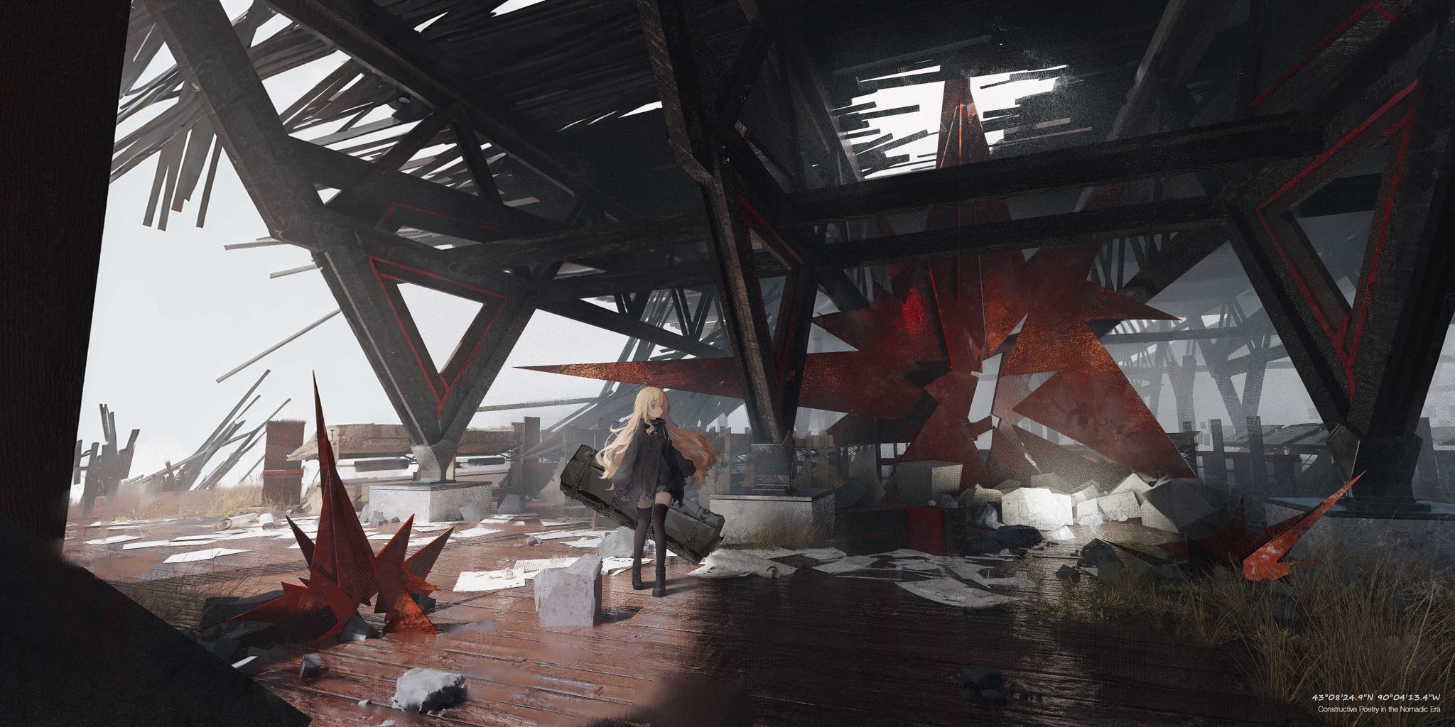 an anime girl with long blonde hair stands in a ruined building, holding a sword in her hand. she is wearing a black dress and a long coat. the building is made of metal beams and is covered in debris. the area is desolate and filled with rubble.  a large piece of metal, shaped like a star, is hanging overhead, perhaps a remnant of the building's destruction. the scene evokes a sense of postapocalyptic despair and the girl’s presence hints at a struggle for survival in a destroyed world.