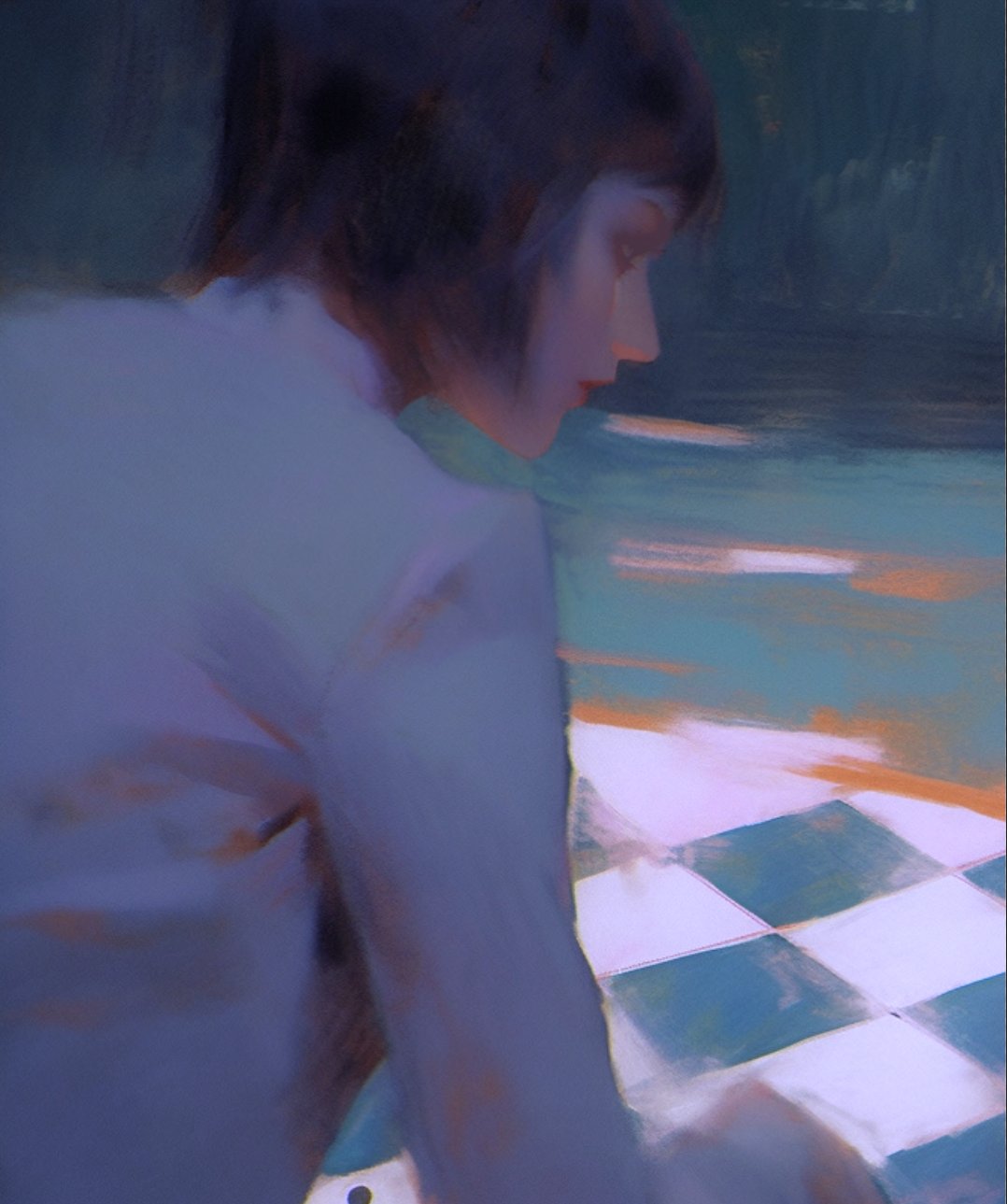 a digital painting of a woman with short dark hair, wearing a white shirt, looking down at a chessboard on the floor. the painting is in soft focus, and the colors are muted, with a blue and purple hue. the woman's face is partially obscured, but she appears to be focused on the chessboard. the background is blurred, and the overall impression is one of contemplation and introspection.