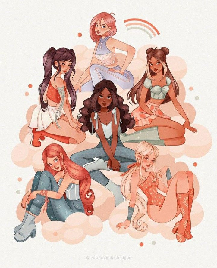 the illustration features a group of six cartoon girls sitting together on clouds. they are all smiling and look happy. they are all wearing different clothes and hairstyles, but they all have a similar cute and friendly style. the background is light blue with a rainbow in the upper right corner. the illustration overall is very colorful and full of life.