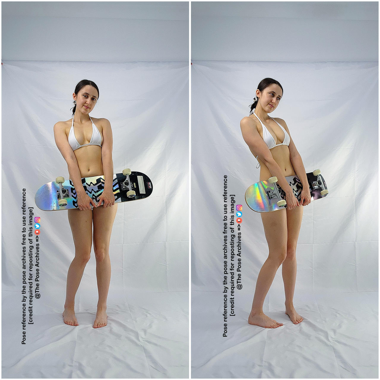 a young woman in a white bikini is posing with a skateboard in front of a white backdrop in a studio setting. she is standing and holding the skateboard in front of her. the image is a pose reference for artists.