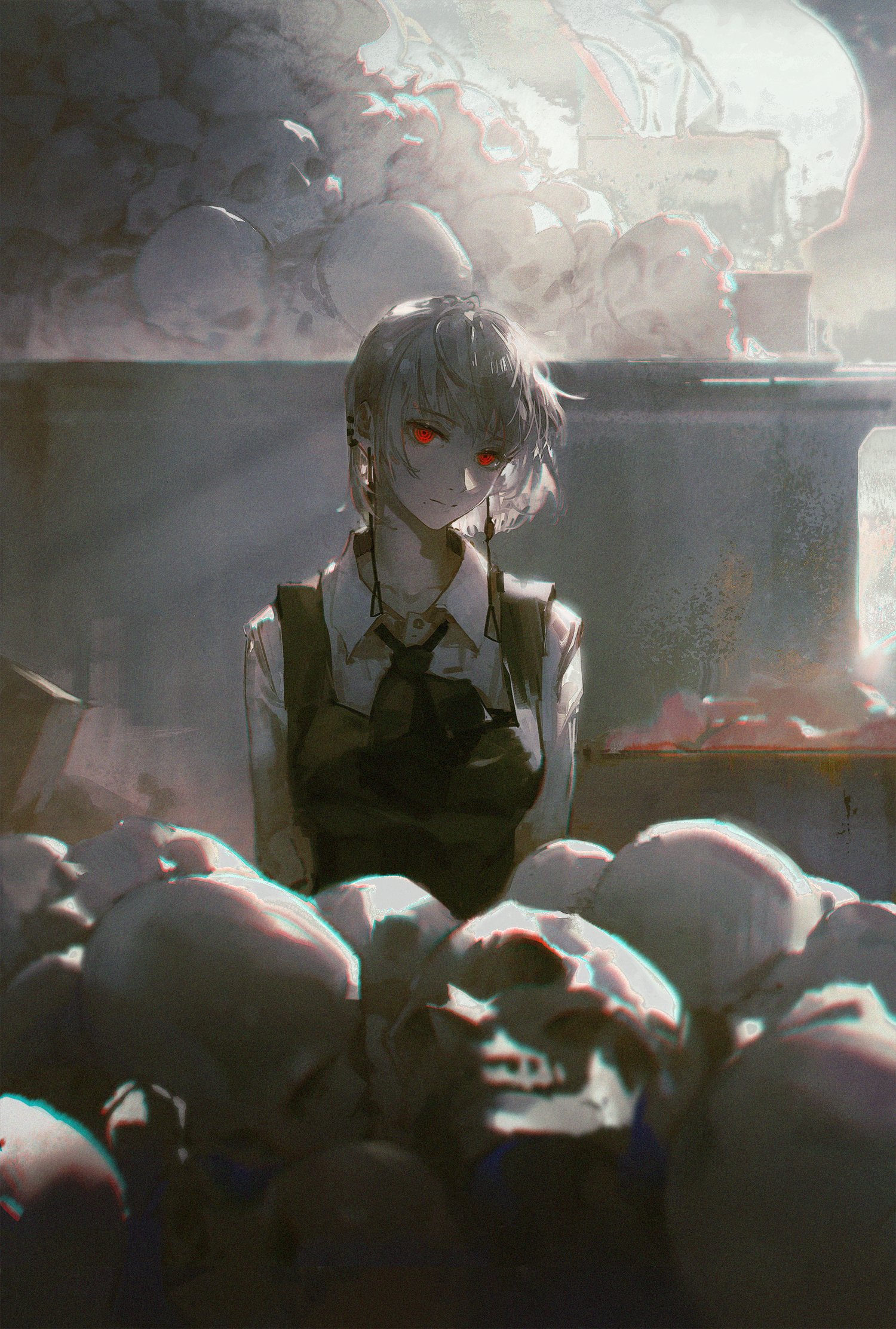 a young anime woman with white hair and red eyes stands in front of a pile of skulls. she is wearing a white shirt and a black dress. the scene is dark and ominous, with shadows and light that make the image feel unsettling and mysterious. there are many skulls in front of the girl, and the image overall creates a sense of impending death. the girl's eyes are red, adding to the horror and fantasy nature of the image.