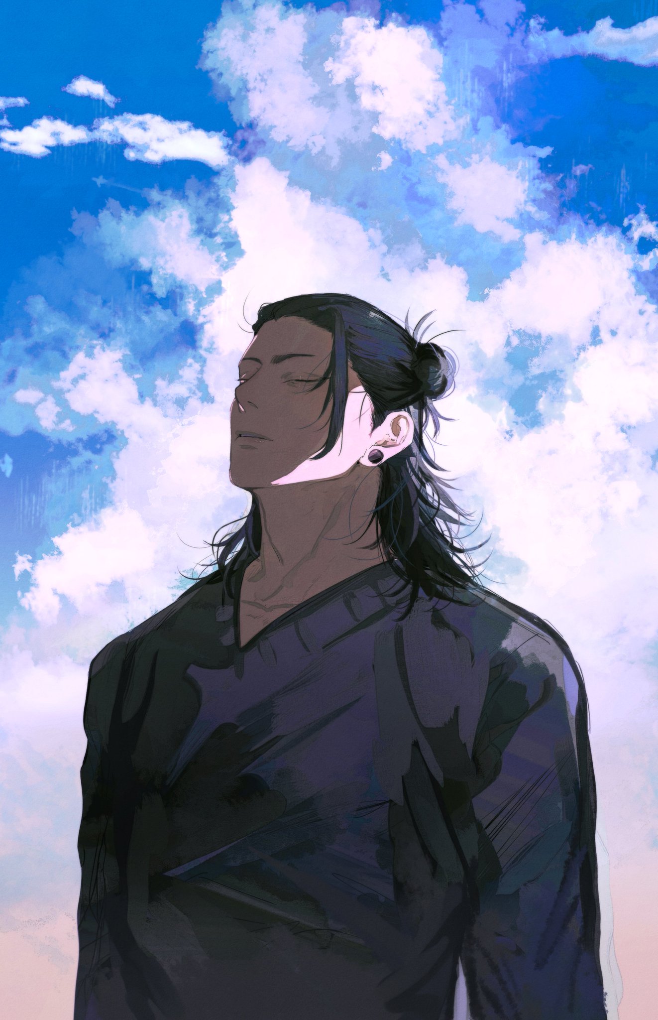 a drawing of an anime man with long black hair pulled back in a bun, wearing a dark shirt, looking upwards and closing his eyes under a blue cloudy sky. the man looks relaxed and peaceful as he gazes at the sky.