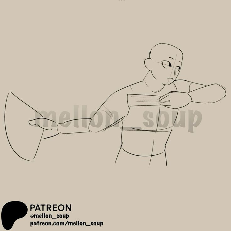 this is a black and white line drawing of a male character with a surprised expression, holding something in his right hand, possibly a weapon, and his left hand is fisted.  the character appears to be midmotion, moving their body dynamically.  the drawing is done on a simple grey background.