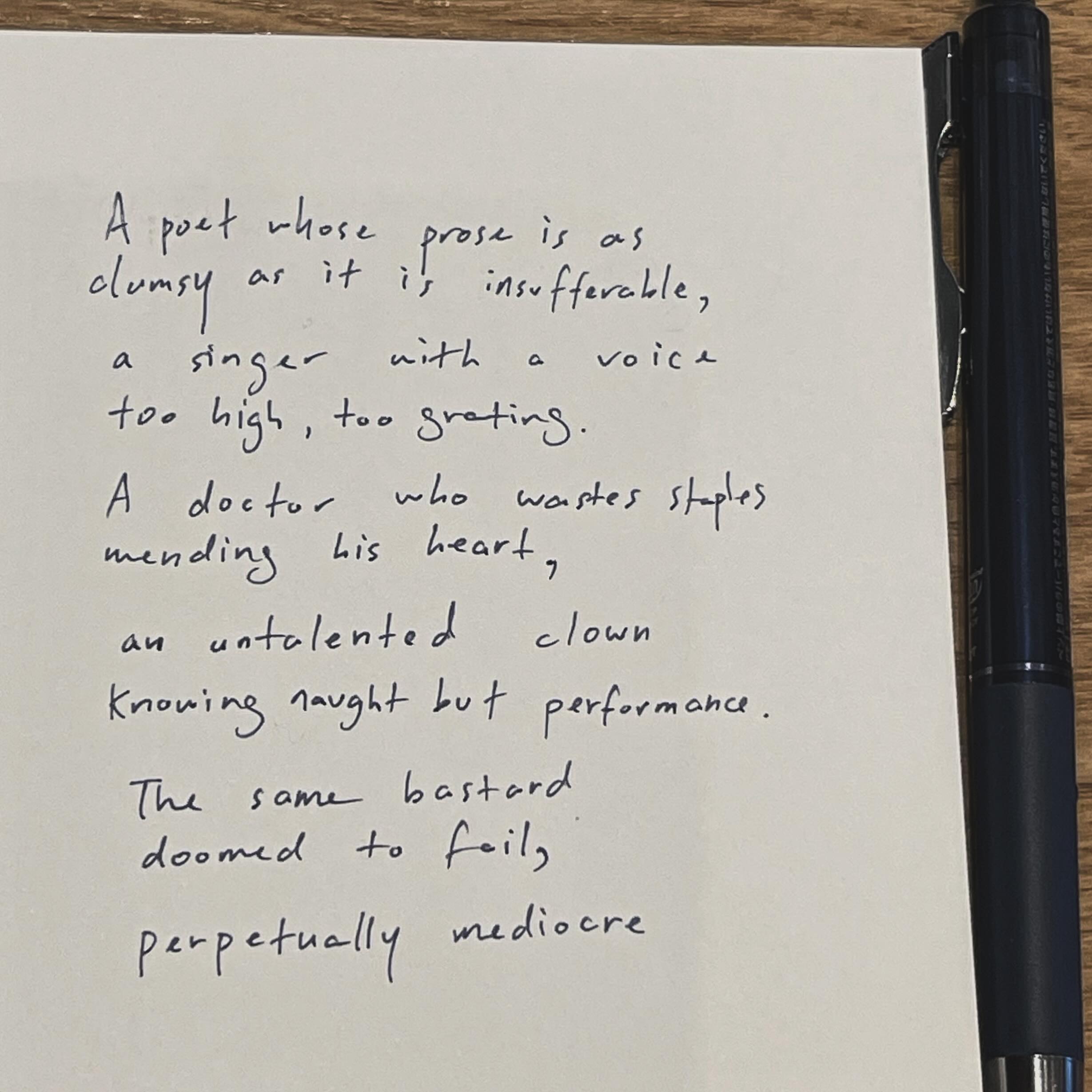 a handwritten poem on lined paper using a black pen. the poem uses similes comparing a person to different professions: poet, singer, doctor, and clown.