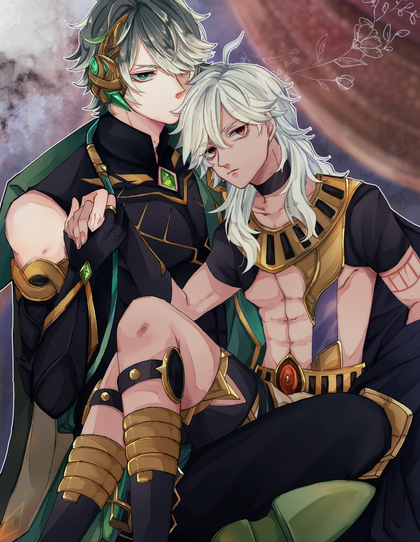 the image contains two male characters, one with green hair and the other with white hair. they are dressed in fantasystyle clothing, the character with green hair is wearing green and black clothing with gold jewelry and a sword. the other is dressed in white and gold clothing with  gold jewelry. both are looking at the viewer. the background is a blurry landscape with a swirling effect.