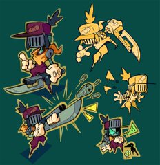a dynamic character sheet showcasing a stylized knight character in various action poses. the character, with a bandaged helmet and a determined expression, wields a sword and shield against a muted green backdrop. the art style is reminiscent of indie platformer games, emphasizing exaggerated features and bold outlines.  the poses highlight the character's agility and combat prowess, suggesting a lively and engaging game world.