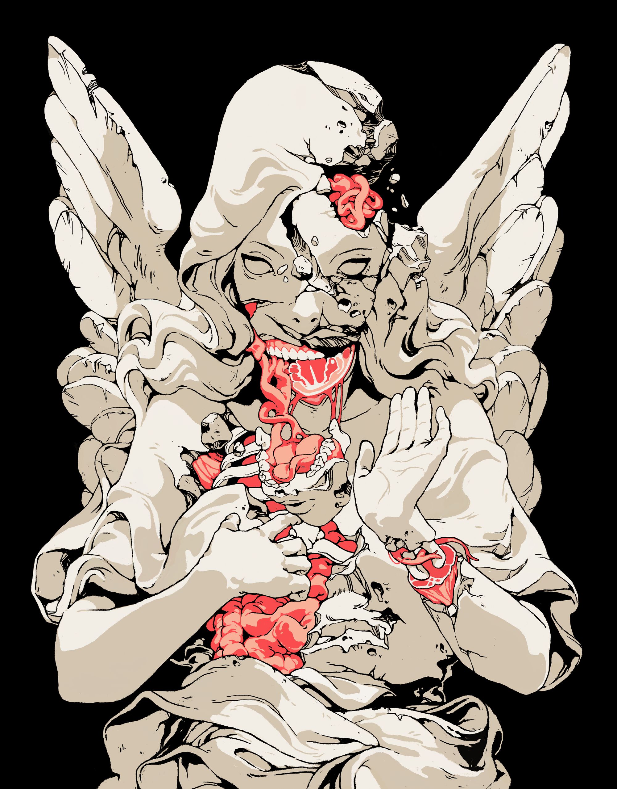 a digital illustration of a broken angel statue. the angel is depicted with a torn chest, exposed bones and organs. its head is shattered and its face is bloody. the angel is holding its broken chest with its hands, its expression is pained.