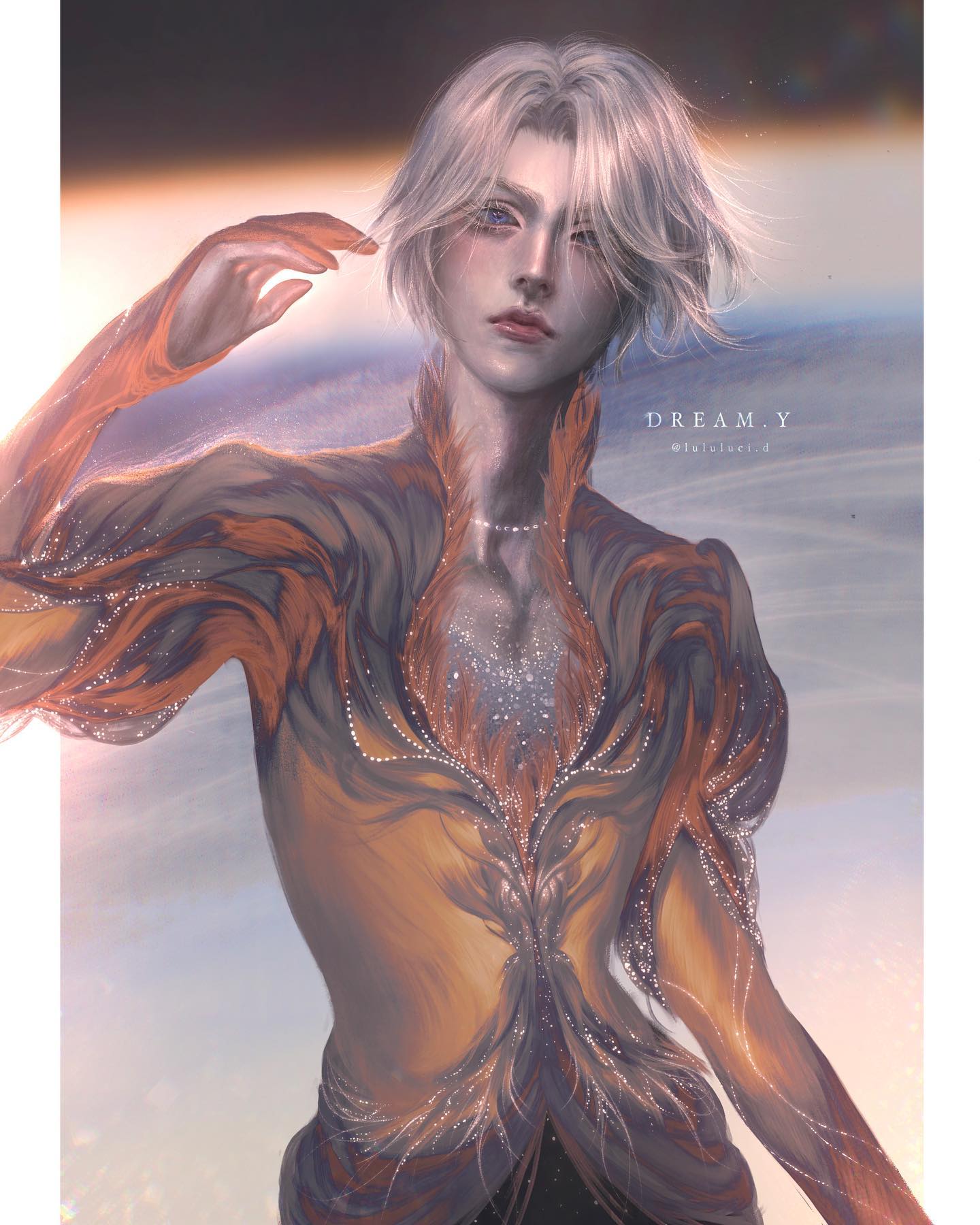 a digital art of a male anime figure skater. the character has a white hair with silver hair streaks, silver eyes, with a golden outfit and a sparkle effect to the fabric. it also has an ice rink background with dreamy ice world in the background. the caption of the art is "dreamy"