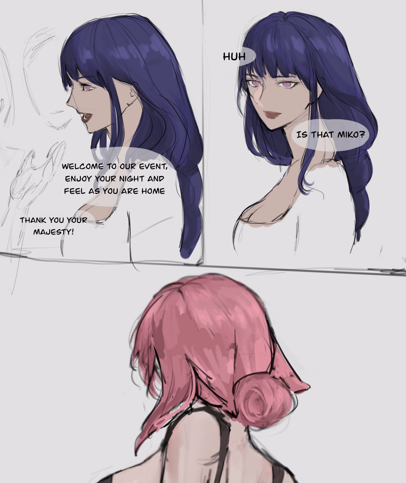 he image is a mangastyle comic strip or illustration. it features three female characters. the first panel shows a woman with long purple hair welcoming someone. the second panel shows another woman with long purple hair who appears surprised. the final panel shows a woman with pink hair with her back to the viewer. text bubbles indicate dialogue and greetings. the art style is sketchy and somewhat unfinished, suggesting a work in progress.