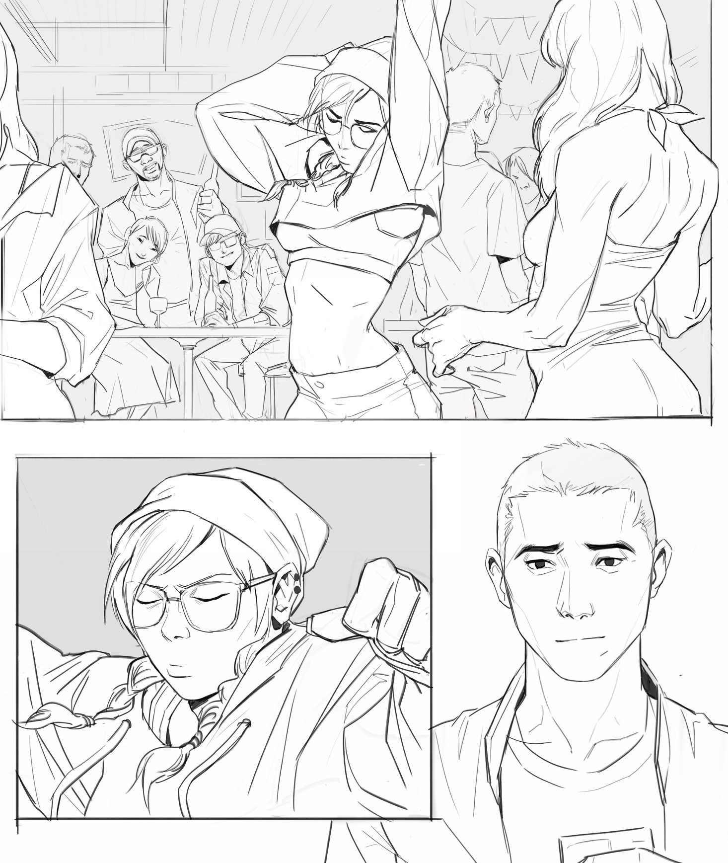 the image is a collection of black and white line art drawings, possibly panels from a comic or graphic novel.  the top panel shows a lively bar scene with several people, prominently featuring a young woman in a cropped top and hoodie dancing or posing. another woman with long hair stands nearby, possibly observing or interacting. the middle panel shows a closeup of a young woman wearing a hoodie and glasses, appearing relaxed yet slightly pensive. the bottom right panel shows a closeup portrait of a young man with short hair, displaying a neutral to slightly somber expression.  the style is consistent across all panels, employing clean lines and a lack of heavy shading, giving the artwork a clean and modern aesthetic.